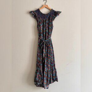 PENDING Doen Violetta Dark Navy Floral Flutter Sleeve Tie-Waist Dress Size Small